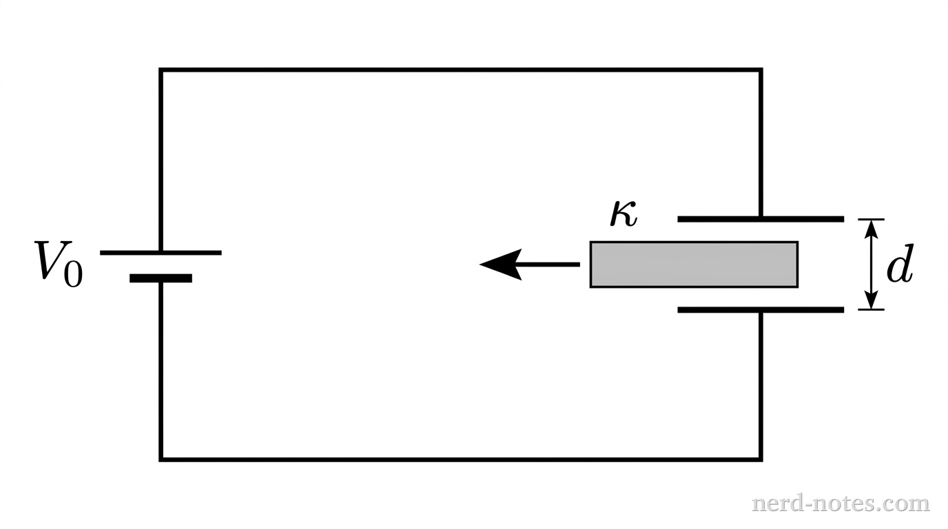 A circuit diagram consisting of a single rectangular loop oriented horizontally. The left vertical branch contains an ideal battery labeled \(V_0\), with a longer horizontal line on top representing the positive terminal and a shorter, thicker horizontal line below representing the negative terminal. The top and bottom horizontal segments are straight conducting wires. The right vertical branch contains a parallel-plate capacitor composed of two horizontal parallel lines of equal length separated by a gap of width \(d\). A shaded rectangular slab labeled \(\kappa\) is shown partially inserted between the two plates from the right, with a straight horizontal arrow pointing to the left toward the interior of the plates. No other labels, lines, text, or axes appear.