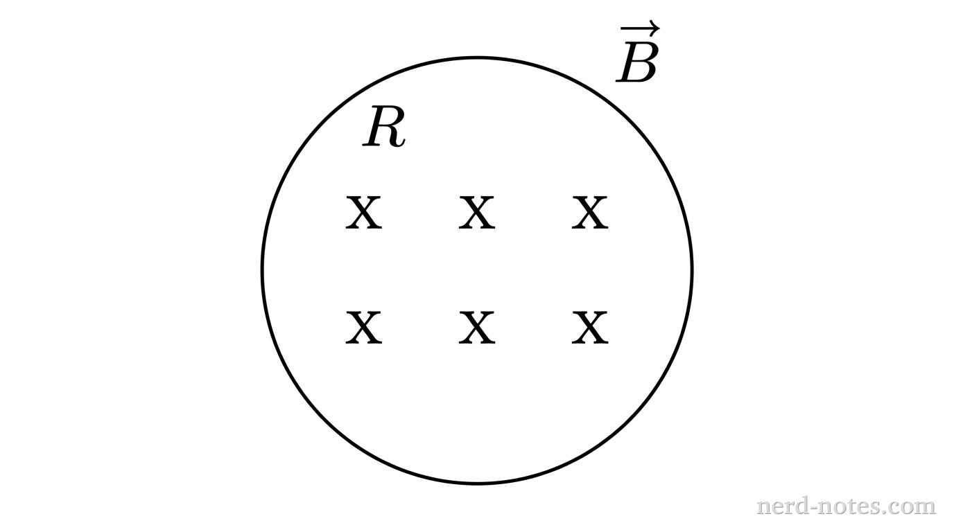 A single closed circular loop drawn with a solid line sits in the plane of the page. Near the top edge of the circular loop is the text label R. Across the interior of the loop are exactly six uniformly spaced symbols indicating a magnetic field directed perpendicular into the page, arranged in two horizontal rows of three. Above the loop is an arrow pointing into the page accompanied by the text label \vec{B}. No other labels, lines, text, or axes appear.