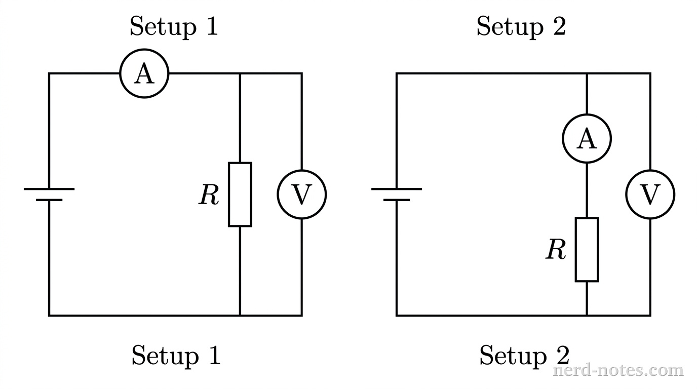 A grayscale schematic containing two circuit diagrams side-by-side, labeled Setup 1 on the left and Setup 2 on the right. Setup 1 consists of a single rectangular loop with a DC voltage source on the left wire. The top wire contains an ammeter represented by a circle with the letter A. The right side of the loop splits into two parallel branches: the inner branch contains a resistor rectangle labeled R, and the outer branch contains a voltmeter circle with the letter V. Setup 2 consists of a rectangular loop with a DC voltage source on the left wire. The right wire contains an ammeter circle with the letter A in series above a resistor rectangle labeled R. A separate parallel branch connects across both the ammeter and the resistor, containing a voltmeter circle with the letter V. No other labels, lines, text, or axes appear.