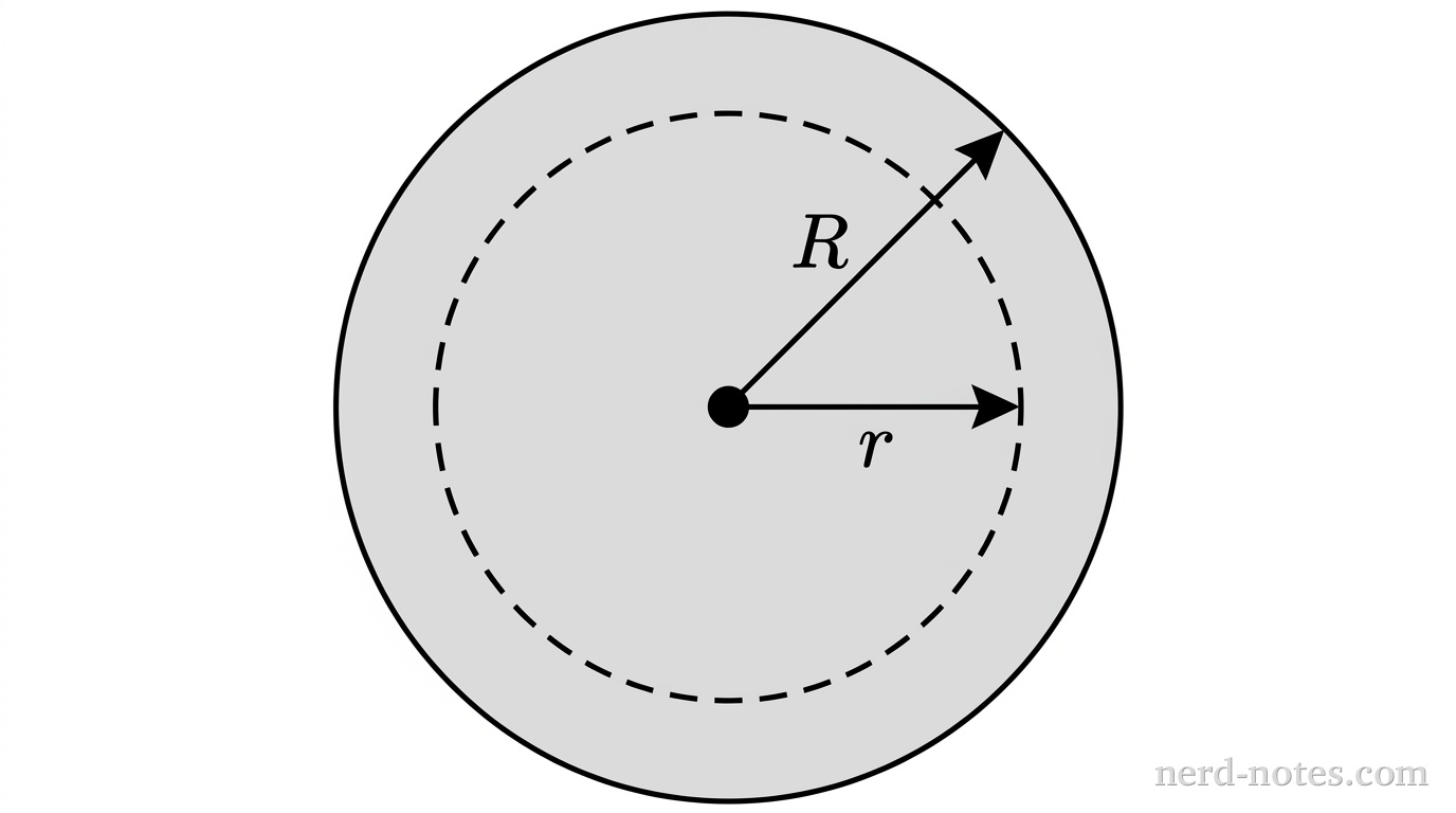 A circular cross section of a long wire centered at the origin, with outer solid boundary of radius \(R\). A solid dot marks the central axis at the center. Shading across the interior of the circle represents a uniform current density \(J_0\) directed perpendicularly out of the page. A concentric dashed circle of radius \(r\) lies entirely inside the outer boundary, where \(r < R\). A straight solid arrow extends horizontally from the center to the right edge of the dashed circle, labeled \(r\) above the arrow. A second straight solid arrow extends from the center toward the upper-right at 45 degrees to the outer solid circle, labeled \(R\) along the arrow. No other labels, lines, text, or axes appear.