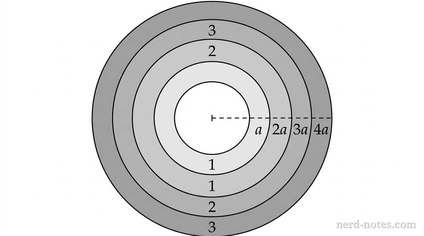 A cross-sectional view of four concentric circles sharing a single center point. The innermost circle has radius \(a\) and an unshaded white interior representing an empty cylindrical core. Surrounding this core are three concentric annular shells of equal radial thickness. The first annular shell between radius \(a\) and radius \(2a\) is shaded light gray and labeled 1. The second annular shell between radius \(2a\) and radius \(3a\) is shaded medium gray and labeled 2. The third annular shell between radius \(3a\) and radius \(4a\) is shaded darker gray and labeled 3. A single horizontal dashed line extends from the center point to the right edge, crossing all four boundaries with tick marks and labels \(a\), \(2a\), \(3a\), and \(4a\) located along the line at the respective perimeters. No other labels, lines, text, or axes appear.