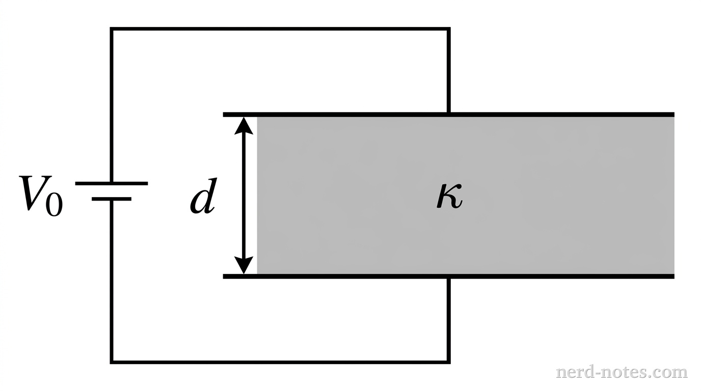 A schematic diagram showing a parallel-plate capacitor connected to a DC voltage source. Two horizontal parallel lines of equal length represent the conducting plates separated by a vertical distance \(d\). A shaded rectangular block fills the entire region between the top and bottom plates, labeled with the symbol \(\kappa\). Conducting wire lines extend from the top and bottom plates to the terminals of a battery symbol on the left, labeled with the potential difference \(V_0\). A vertical double-headed arrow spanning between the inner faces of the plates is labeled \(d\). No other labels, lines, text, or axes appear.