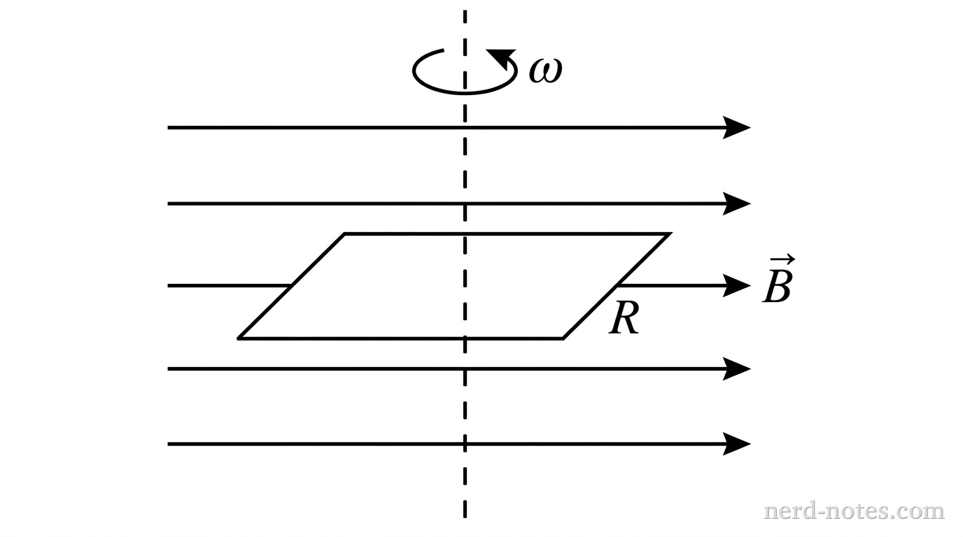 A perspective view showing a vertical dashed line representing the axis of rotation. A flat rectangular wire loop is centered on this axis, with the axis lying in the plane of the loop. A curved arrow at the top of the axis indicates rotation with angular speed \(\omega\). Five horizontal, parallel arrows pointing to the right indicate the uniform magnetic field \(\vec{B}\), which is perpendicular to the rotation axis. The wire loop is labeled with resistance \(R\). No other labels, lines, text, or axes appear.