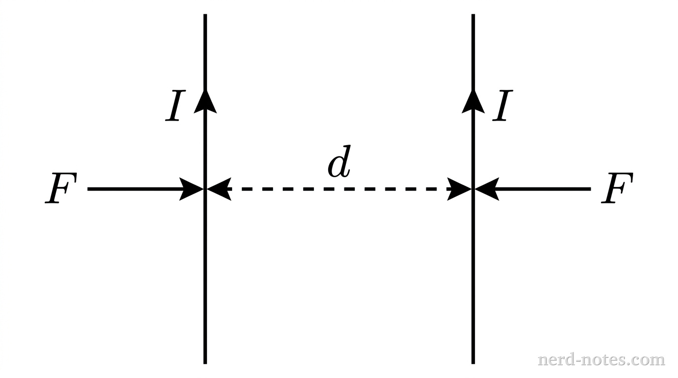 Two vertical solid line segments of equal length run parallel to each other, spaced apart horizontally. On the left vertical line, an upward-pointing arrow along the line is labeled I. On the right vertical line, an identical upward-pointing arrow along the line is also labeled I. A horizontal dashed double-headed arrow spans between the two vertical lines at their midpoints and is labeled d. At the midpoint of the left line, a horizontal solid arrow points directly toward the right line and is labeled F. At the midpoint of the right line, an equal-length horizontal solid arrow points directly toward the left line and is also labeled F. No other labels, lines, text, or axes appear.