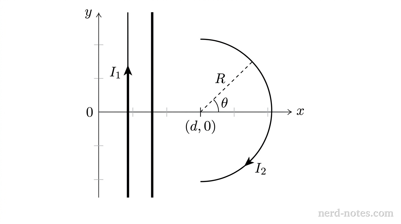 The diagram shows an xy-coordinate plane with a vertical axis labeled y and a horizontal axis labeled x. A thick vertical solid line lies along the y-axis with a single upward arrow labeled \(I_1\). On the positive x-axis, a point is labeled \((d, 0)\). A semicircular arc of radius \(R\) is centered at \((d, 0)\) and curves to the right from \((d, -R)\) through \((d + R, 0)\) to \((d, R)\). A small curved arrow along the semicircle indicates the direction of current \(I_2\) flowing counterclockwise. A dashed straight line segment extends from \((d, 0)\) to an arbitrary point on the arc in the first quadrant, labeled with radius \(R\). A small curved angle marker between the positive x-axis and this dashed segment is labeled \(\theta\). No other labels, lines, text, or axes appear.