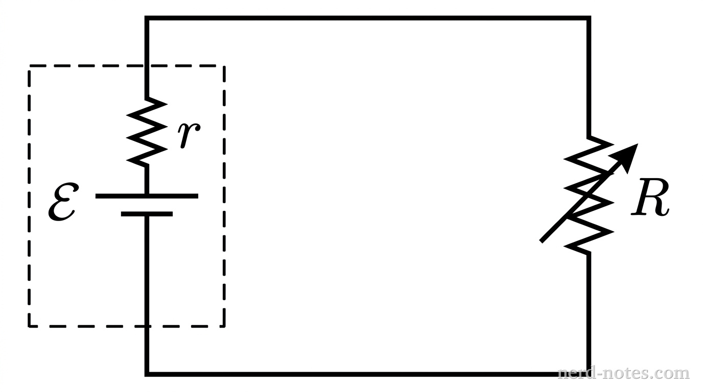 A rectangular circuit schematic. On the left vertical branch is a real battery enclosed by a dashed rectangular outline; inside the dashed box are an ideal battery symbol labeled \(\mathcal{E}\) with the longer line on top, in series with a small resistor symbol labeled \(r\). The top and bottom horizontal branches are solid connecting wires. On the right vertical branch is a variable resistor symbol, drawn as a resistor with a diagonal arrow pointing through its center toward the upper right, labeled \(R\). No other labels, lines, text, or axes appear.