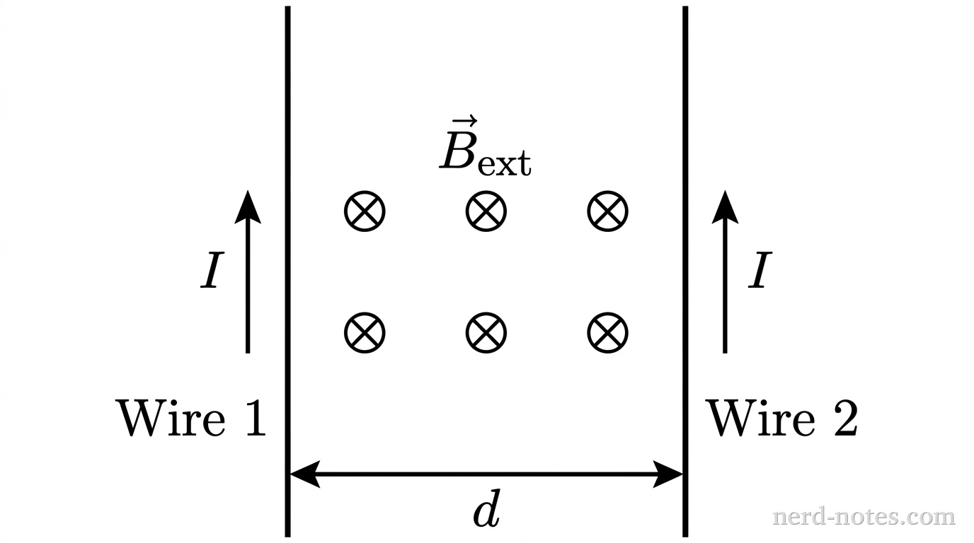 Two vertical parallel lines representing two long wires, separated horizontally by a distance marked with a double-headed arrow labeled d. The left wire is labeled Wire 1 and has an upward vertical arrow alongside it labeled I. The right wire is labeled Wire 2 and has an upward vertical arrow alongside it labeled I. Between and around the two wires is a grid of six small encircled crosses arranged in two horizontal rows of three, labeled \(\vec{B}_{\text{ext}}\). No other labels, lines, text, or axes appear.