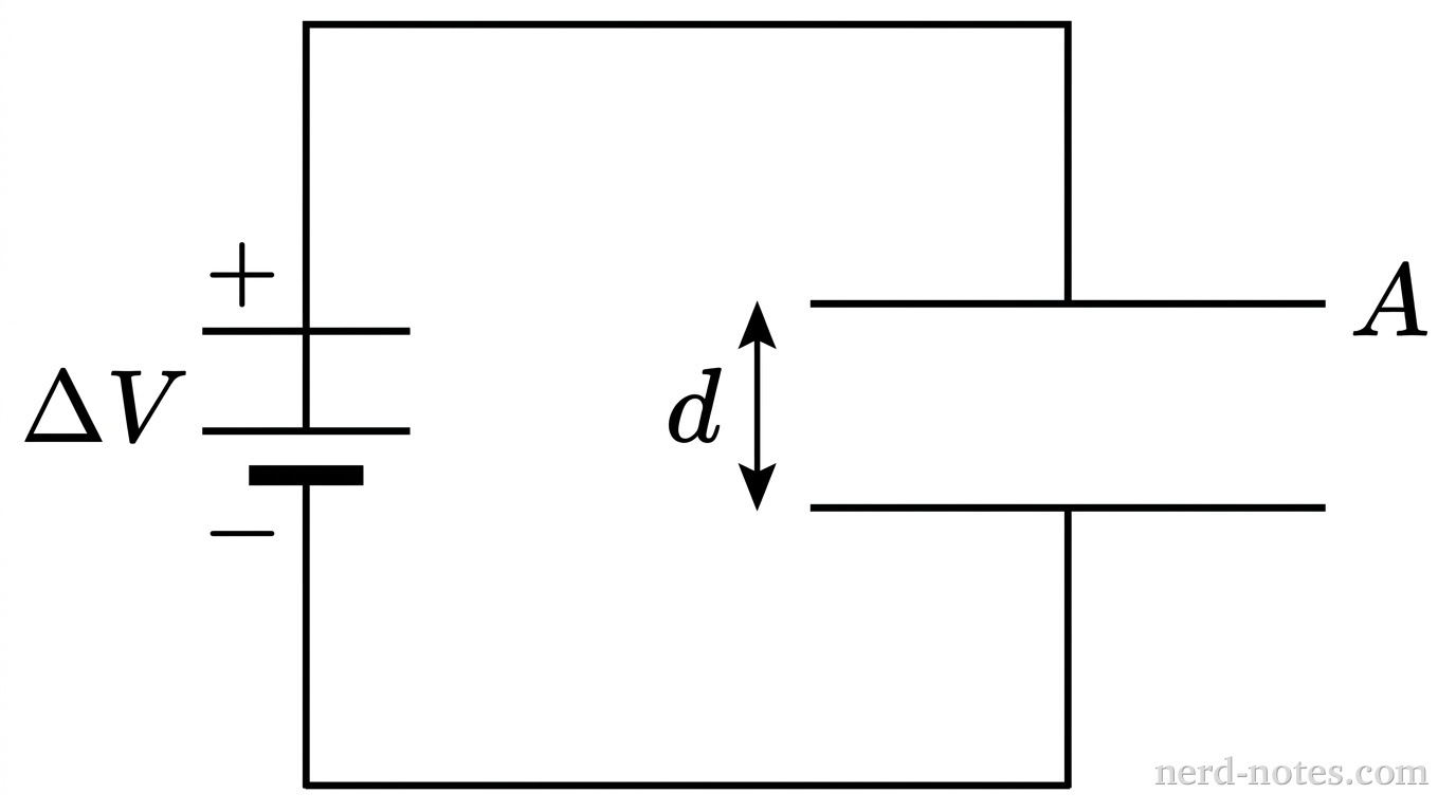 A schematic diagram showing a circuit with a DC voltage source on the left and a parallel-plate capacitor on the right. On the left vertical branch is a battery symbol consisting of two parallel horizontal lines: a longer top line labeled with a plus sign and a shorter, thicker bottom line labeled with a minus sign, with the label \(\Delta V\) to the left. Conducting wires extend horizontally from the battery terminals to the top and bottom plates of the capacitor. The capacitor consists of two horizontal parallel plates of equal length, separated by a vertical distance labeled \(d\) with a double-headed vertical arrow. The area of each plate is indicated by the label \(A\) to the right of the upper plate. No other labels, lines, text, or axes appear.