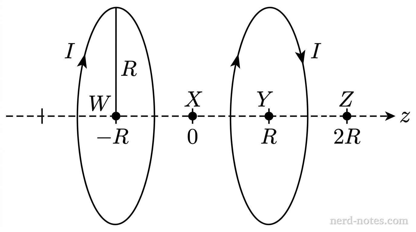 A horizontal dashed line represents the z-axis, oriented horizontally with an arrow pointing to the right labeled z. Two identical circular wire loops of radius R are shown in oblique perspective as vertically oriented ellipses centered on the z-axis. The left loop is centered at a tick mark labeled -R, and the right loop is centered at a tick mark labeled R. The origin is marked by a tick labeled 0 midway between the loops. A tick mark to the right of the right loop is labeled 2R. Curved arrows on the perimeters of the two loops indicate opposite current directions, both labeled I. Four solid black dots on the z-axis mark specific points: dot W at z = -R, dot X at z = 0, dot Y at z = R, and dot Z at z = 2R. A vertical radial line segment from the center of the left loop to its top rim is labeled R. No other labels, lines, text, or axes appear.