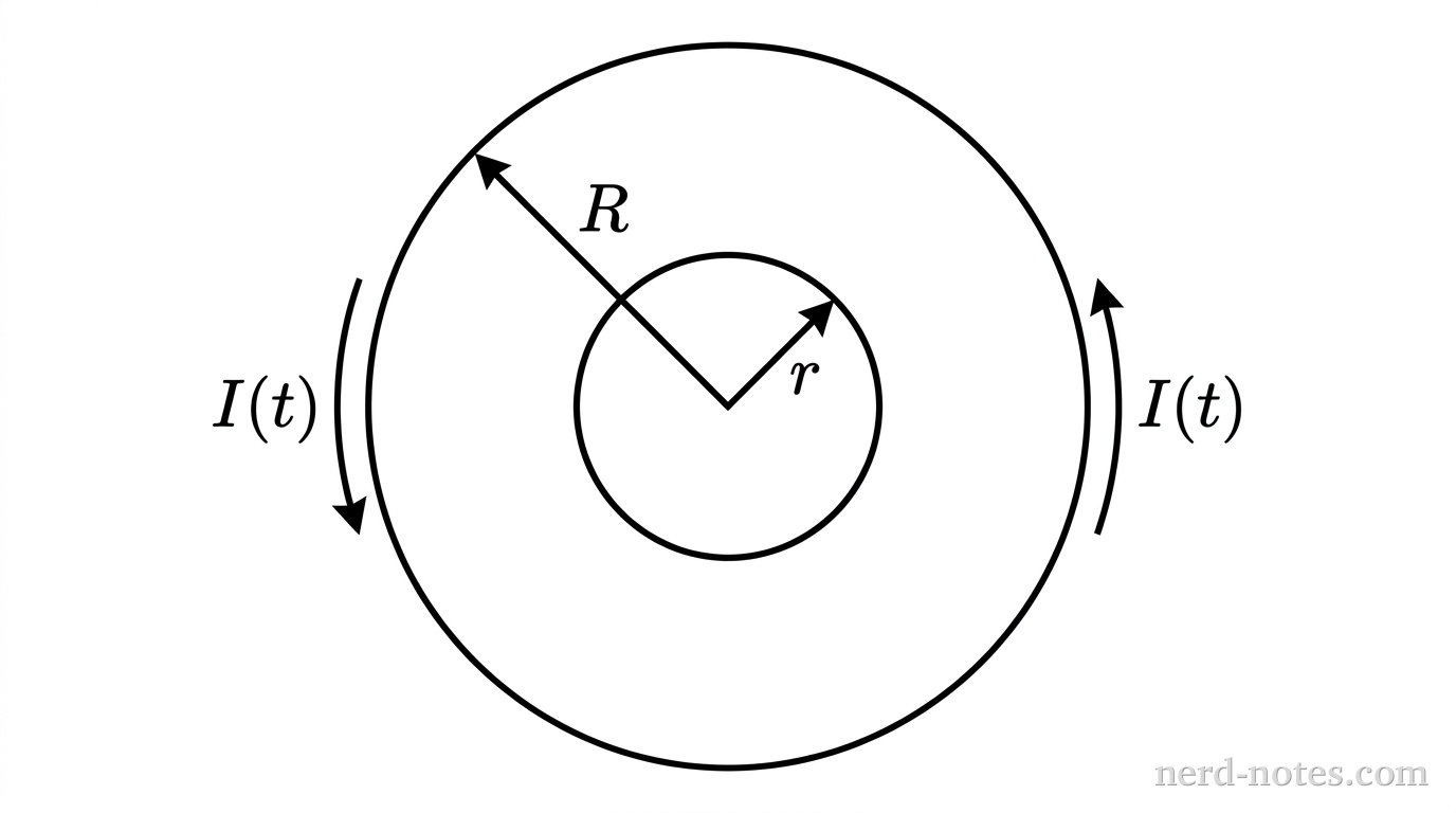 A top-down view showing two concentric circles drawn with solid black lines on a white background. The outer circle has radius \(R\), and the inner circle is much smaller with radius \(r\). From the common center of the circles, a straight solid arrow extends toward the upper-right at a 45-degree angle to the perimeter of the inner circle, labeled \(r\). A second straight solid arrow extends from the common center toward the upper-left at a 135-degree angle to the perimeter of the outer circle, labeled \(R\). On the perimeter of the outer circle, exactly two curved arrows point counterclockwise, indicating the direction of current labeled \(I(t)\). The interior of both circles is unshaded white. No other labels, lines, text, or axes appear.