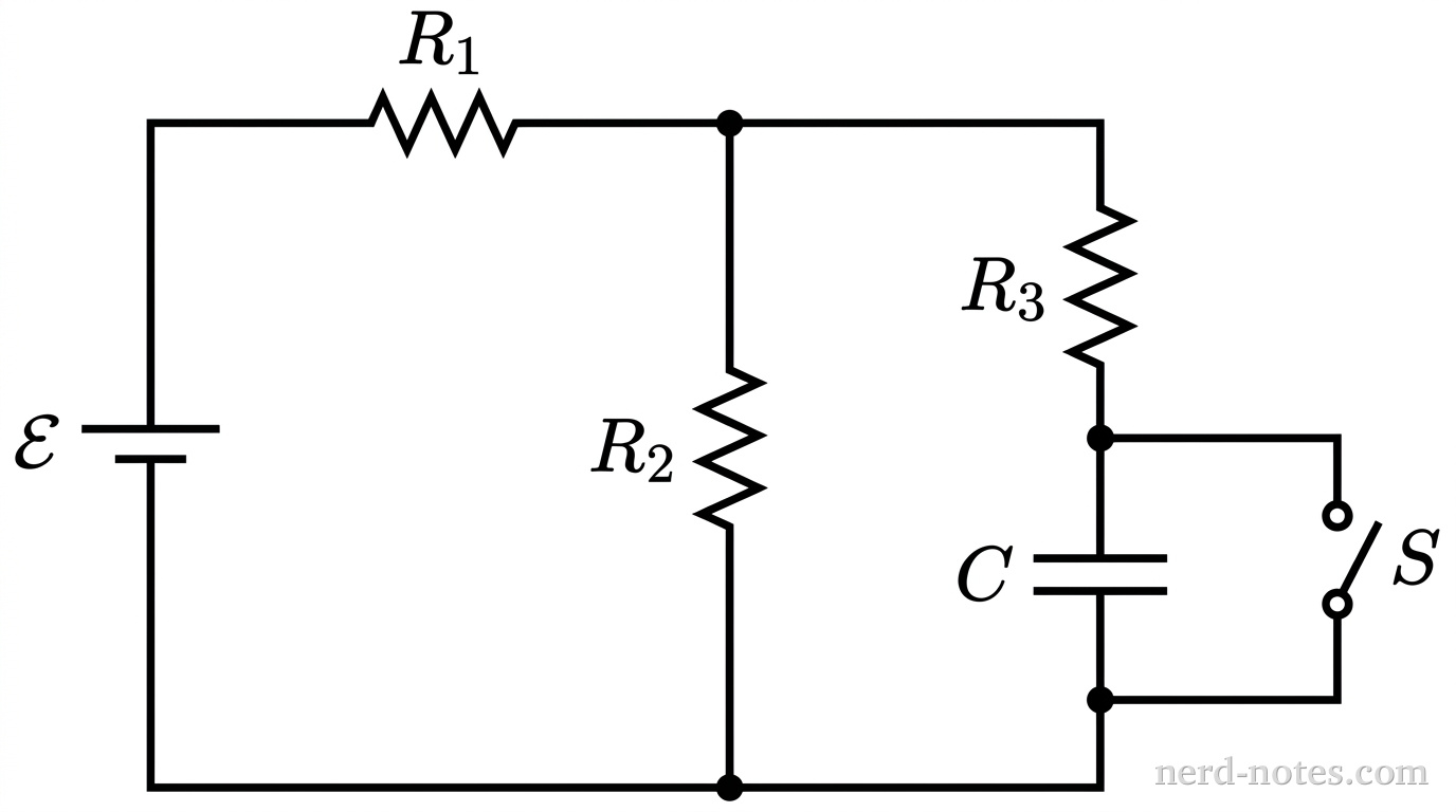 A rectangular circuit schematic drawn in thin black lines on a white background. On the left vertical wire is an ideal battery symbol with long upper plate labeled positive and short lower plate labeled negative, accompanied by the label \(\mathcal{E}\) to its left. The top horizontal wire runs from the battery through a resistor zigzag symbol labeled \(R_1\), then reaches a junction that splits into two vertical parallel branches. The middle vertical branch contains a resistor zigzag symbol labeled \(R_2\). The right vertical branch contains a resistor zigzag symbol labeled \(R_3\) above a parallel-plate capacitor symbol labeled \(C\). Connected in parallel across the capacitor symbol is a bypass loop containing an open single-pole single-throw switch labeled \(S\). The bottom horizontal wire connects the bottoms of the middle branch, right branch, and battery to form a complete closed circuit. No other labels, lines, text, or axes appear.