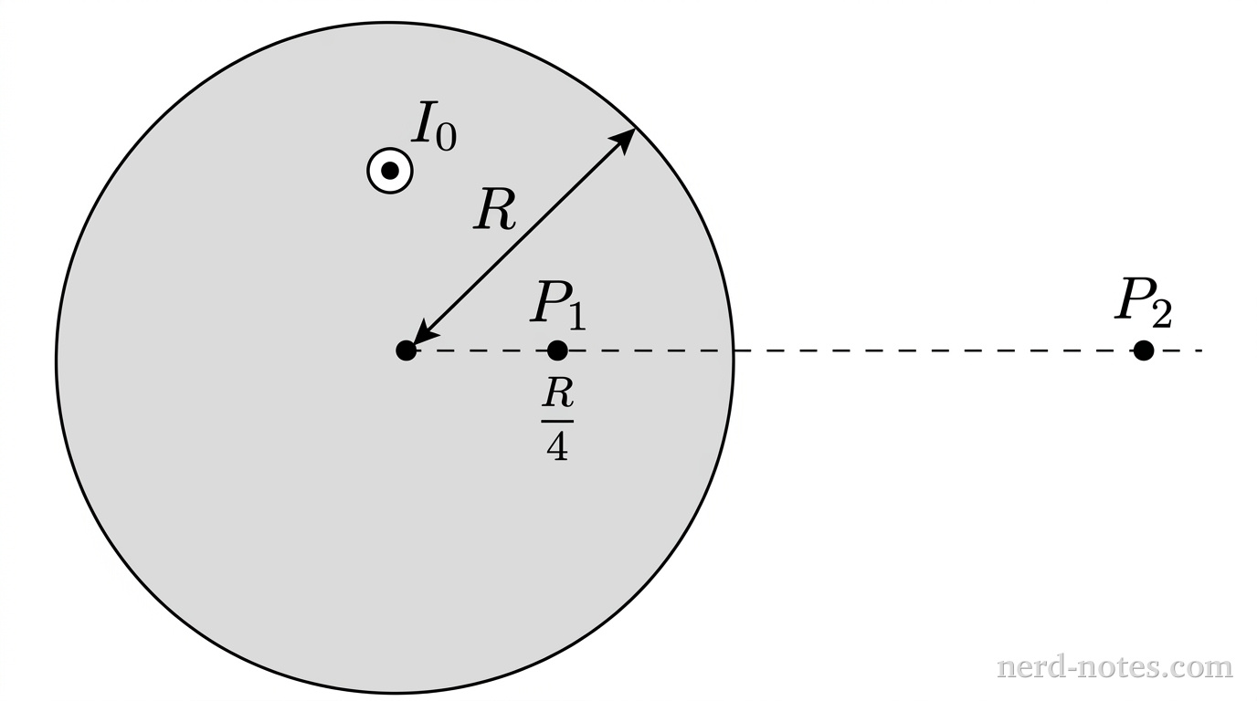A circular cross section of a cylindrical conductor of radius \(R\), centered at a point marked with a small central dot. A shaded circular region represents the conductor cross section. A horizontal dashed reference line extends to the right from the center. Along this line, two small filled circular points are marked: Point 1 at a distance of \(R/4\) from the center, and Point 2 at a distance of \(2R\) from the center, outside the shaded circle. A double-headed arrow labeled \(R\) extends from the center to the outer perimeter of the shaded circle at an angle of 45 degrees above the horizontal. Current direction is indicated by an encircled dot symbol labeled \(I_0\) placed in the upper-left quadrant of the shaded region. Point 1 has the label \(P_1\) directly above it, and Point 2 has the label \(P_2\) directly above it. No other labels, lines, text, or axes appear.