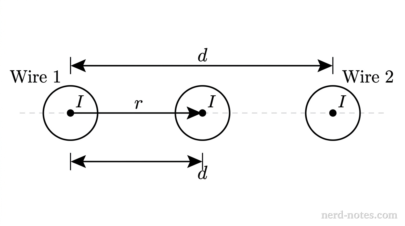 A horizontal dashed reference line shows three circular wire cross-sections in the plane of the page. On the far left, a circle represents Wire 1, labeled Wire 1 with a centered dot indicating current directed out of the page and labeled I. On the far right, a circle represents Wire 2, labeled Wire 2 with an identical centered dot and labeled I. A horizontal double-headed dimension arrow extends between Wire 1 and Wire 2, labeled d. Between them on the dashed line, a third circle represents the mobile wire, also containing a centered dot and labeled I. A horizontal dimension arrow extends from Wire 1 to the mobile wire, labeled r. No other labels, lines, text, or axes appear.