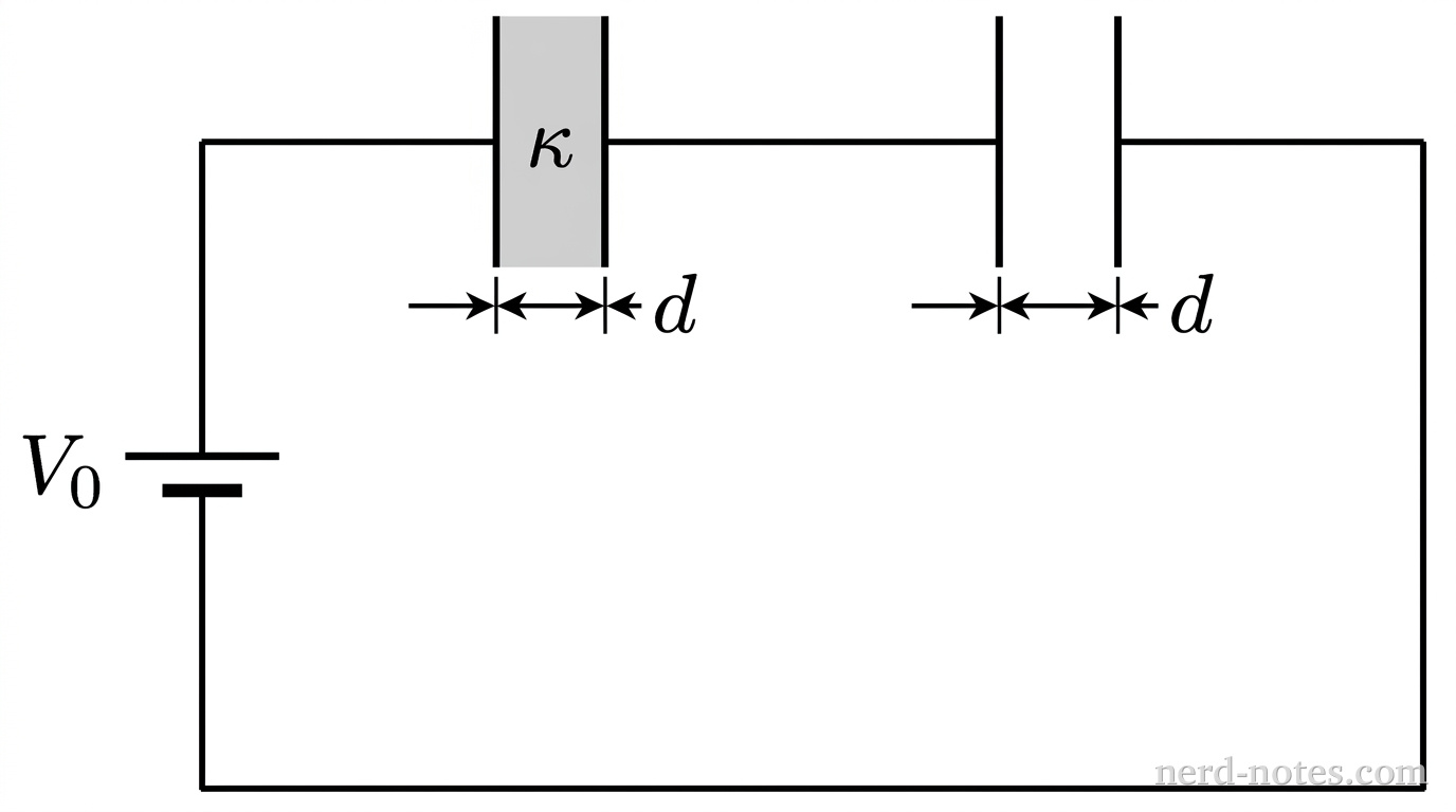 A single-loop rectangular circuit diagram oriented horizontally. On the left vertical wire segment is a DC battery symbol labeled \(V_0\), with the longer horizontal line at the top indicating the positive terminal. The top horizontal wire connects to a parallel-plate capacitor with two vertical parallel lines of equal length, between which the space is filled with uniform light gray shading labeled \(\kappa\); double-ended horizontal arrows indicate plate separation \(d\). Continuing to the right along the top wire, a second identical parallel-plate capacitor is shown with two vertical parallel lines and empty white space between them, also labeled with plate separation \(d\). The right vertical wire and bottom horizontal wire return to the negative terminal of the battery. No other labels, lines, text, or axes appear.