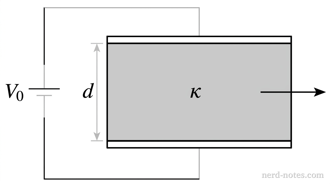 A side-view schematic showing two horizontal parallel conducting plates separated by a vertical distance d. The rectangular region between the plates is filled with a shaded slab labeled \kappa. Conducting wires run from the left edge of each plate to a DC voltage source labeled V_0. A single horizontal arrow pointing right is centered on the right edge of the slab. No other labels, lines, text, or axes appear.