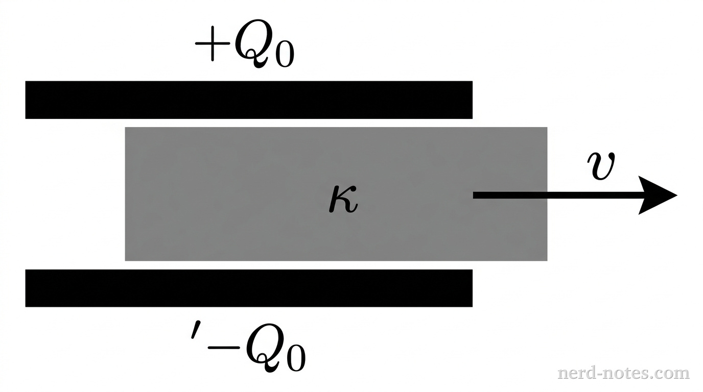 Two horizontal parallel conducting plates of equal length are separated by a small vertical gap. The top plate is labeled \(+Q_0\) and the bottom plate is labeled \(-Q_0\). A rectangular dielectric slab of dielectric constant \(\kappa\) lies between the plates and extends partially out of the right side of the gap into the surrounding space. A single horizontal arrow points to the right from the right edge of the dielectric slab, indicating the direction of withdrawal. No other labels, lines, text, or axes appear.