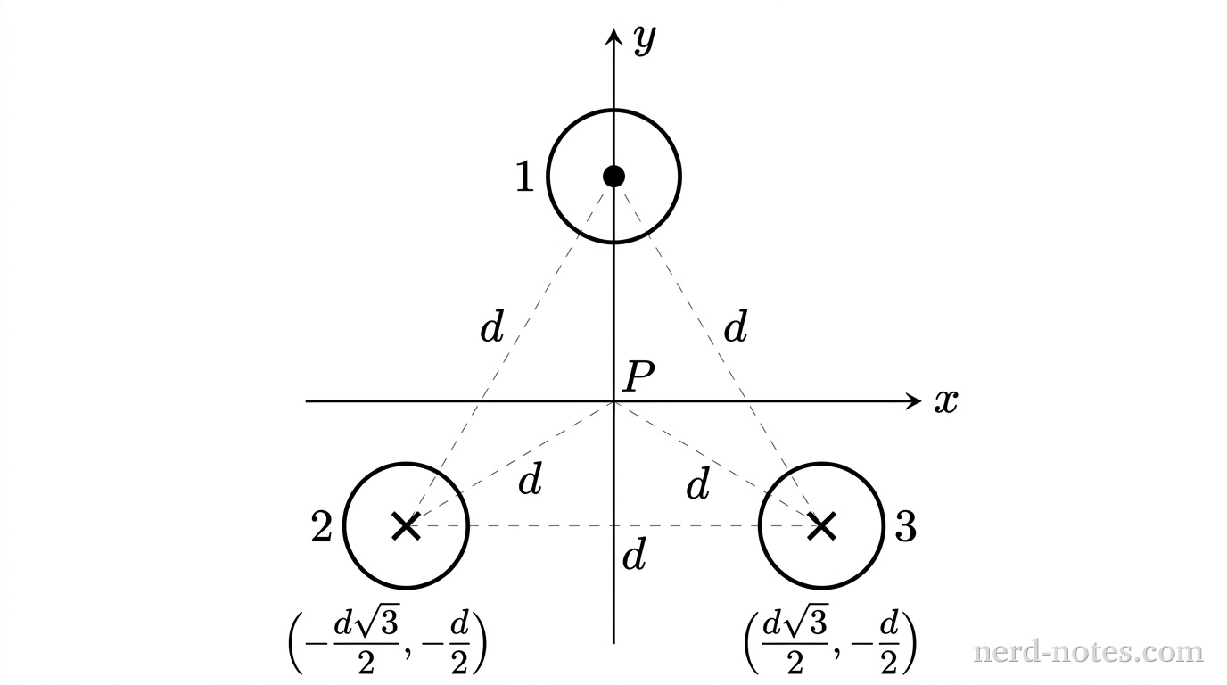 A Cartesian coordinate plane with horizontal x-axis and vertical y-axis intersecting at the origin, labeled P. Three circles of equal diameter represent the cross-sections of three parallel wires located at the vertices of an upright equilateral triangle centered at P. Wire 1 sits on the positive y-axis at (0, d) and contains a central solid black dot, indicating current directed out of the page. Wire 2 sits in the third quadrant at (-d*sqrt(3)/2, -d/2) and contains a central black cross, indicating current directed into the page. Wire 3 sits in the fourth quadrant at (d*sqrt(3)/2, -d/2) and contains a central black cross, indicating current directed into the page. Light dashed line segments connect the three wire centers to form the equilateral triangle. Thin dashed lines connect each wire center to the origin P, each labeled d. No other labels, lines, text, or axes appear.