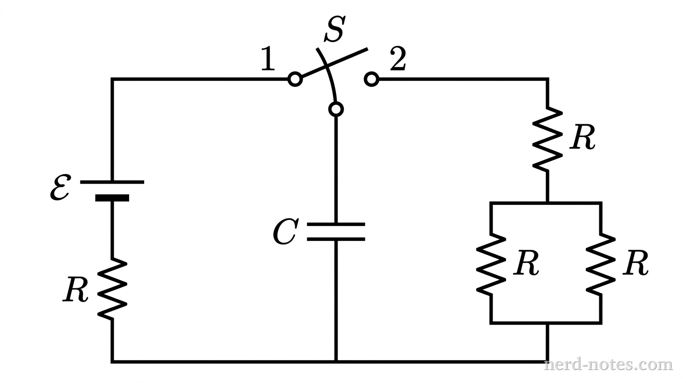 A circuit schematic containing a single-pole double-throw switch labeled \(S\). The common terminal of switch \(S\) connects to the top terminal of a capacitor labeled \(C\), whose bottom terminal connects to a continuous horizontal bottom wire. Position 1 of switch \(S\) is on the left, connecting to a vertical branch with an ideal battery labeled \(\mathcal{E}\) and a series resistor labeled \(R\), which connects to the bottom wire. Position 2 of switch \(S\) is on the right, connecting to a branch containing a resistor labeled \(R\) in series with a parallel pair of two identical resistors, each labeled \(R\), which then returns to the bottom wire. The switch lever is shown tilted toward position 1. No other labels, lines, text, or axes appear.