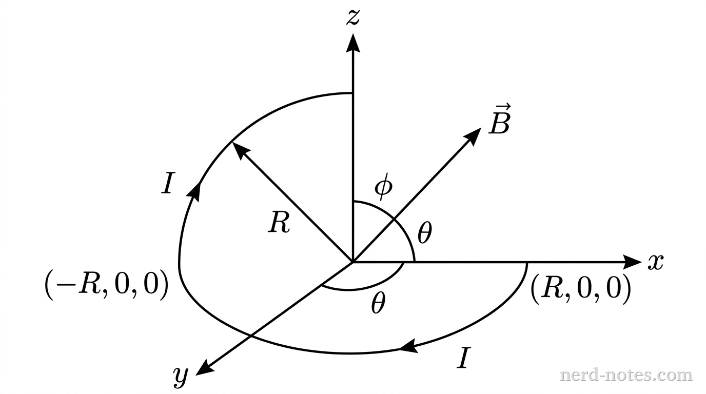 A three-dimensional Cartesian coordinate system with three mutually perpendicular axes labeled \(x\), \(y\), and \(z\). The horizontal axis pointing to the right is labeled \(x\), the vertical axis pointing upward is labeled \(z\), and the axis pointing obliquely forward and downward to the left is labeled \(y\). A semicircular arc of radius \(R\) lies in the \(xy\)-plane with its center at the origin, curving through positive \(y\) from the point \((R,0,0)\) on the positive \(x\)-axis to the point \((-R,0,0)\) on the negative \(x\)-axis. An arrow along the arc indicates current \(I\) directed counterclockwise from \((R,0,0)\) toward \((-R,0,0)\). An angle arc labeled \(\theta\) is drawn in the \(xy\)-plane from the positive \(x\)-axis counterclockwise to a point on the semicircle. A straight vector arrow representing the uniform magnetic field \(\vec{B}\) originates at the origin, lies in the \(yz\)-plane, and points into the region where \(y > 0\) and \(z > 0\), with an angle arc labeled \(\phi\) between the vector and the positive \(y\)-axis. No other labels, lines, text, or axes appear.