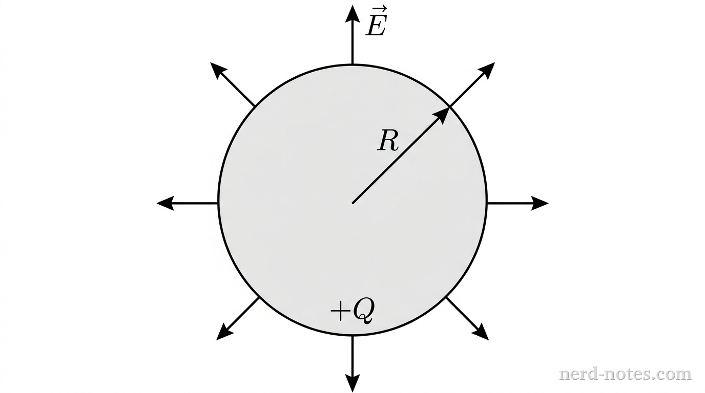 A circular outline representing a solid spherical conductor of radius \(R\) centered at the origin, filled with light gray shading. From the center to the upper-right edge of the circle at a 45-degree angle, a solid black line segment ends with an arrowhead touching the circle's perimeter, labeled \(R\) near its midpoint. A text label \(+Q\) is located inside the circle near the bottom. Exactly eight radial arrows representing the electric field originate from the outer perimeter of the circle and point symmetrically outward into the surrounding white space at 0, 45, 90, 135, 180, 225, 270, and 315 degrees, each extending a distance equal to the sphere's radius. One radial arrow pointing upward at 90 degrees is labeled \(\vec{E}\) near its tip. The interior of the circle contains no field lines or arrows. No other labels, lines, text, or axes appear.