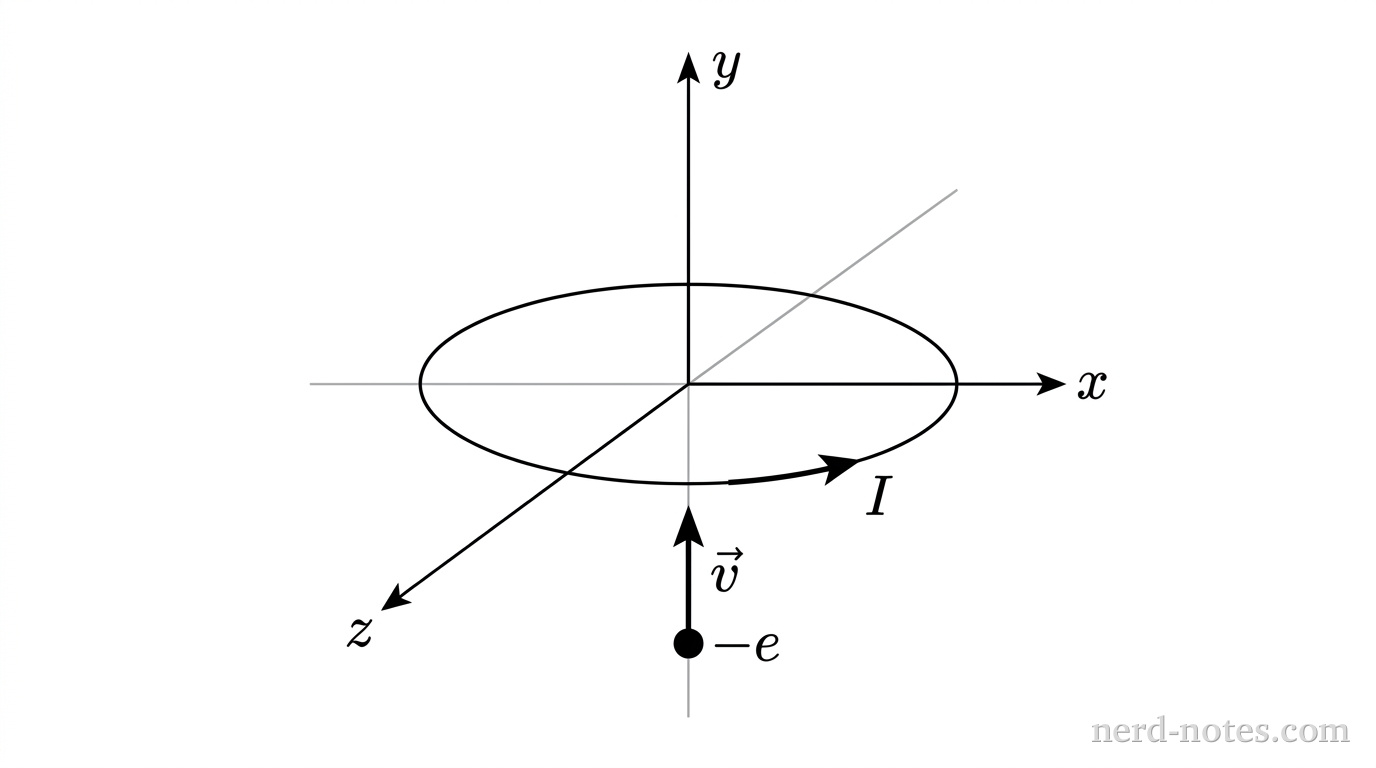 A three-dimensional Cartesian coordinate frame with a vertical axis labeled y, a horizontal axis pointing right labeled x, and an axis pointing diagonally downward to the left labeled z, all intersecting at the origin. Centered at the origin in the horizontal xz-plane is an unshaded ellipse representing a circular loop of radius R. A single curved arrow along the front edge of the ellipse points in the direction of increasing x, labeled I. On the negative y-axis below the loop, a solid black dot represents an electron labeled -e. A single straight arrow originates at the dot and points vertically upward along the positive y-axis toward the origin, labeled \vec{v}. No other labels, lines, text, or axes appear.