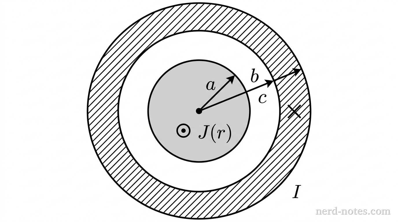 A grayscale cross-sectional view of a coaxial cable perpendicular to its central axis. At the center is a solid circle of radius \(a\) filled with light gray shading, marked with a central black dot and an arrow pointing toward the upper-right at 45 degrees labeled \(a\). Surrounding this inner circle is a white annular region extending to a circular boundary of radius \(b\), with an arrow from the center toward the upper-right at 30 degrees labeled \(b\). Outside this boundary is an outer concentric annular ring of inner radius \(b\) and outer radius \(c\), filled with diagonal hatch lines, with an arrow from the center toward the upper-right at 15 degrees labeled \(c\). A dot symbol labeled \(J(r)\) sits inside the inner shaded cylinder, and an 'X' symbol labeled \(I\) sits inside the outer hatched ring. No other labels, lines, text, or axes appear.