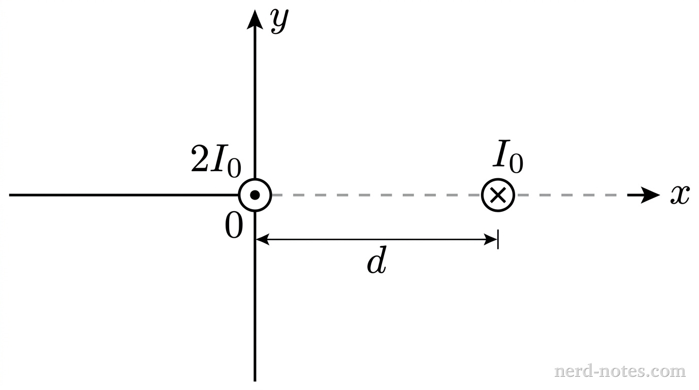 A Cartesian coordinate plane showing a horizontal x-axis and a vertical y-axis intersecting at the origin (0,0). At the origin, a small circle contains a centered dot representing current directed out of the page, labeled 2I_0. On the positive x-axis at a distance labeled d, an identical small circle contains an \times symbol representing current directed into the page, labeled I_0. A dashed horizontal line extends along the positive x-axis past position d. No other labels, lines, text, or axes appear.