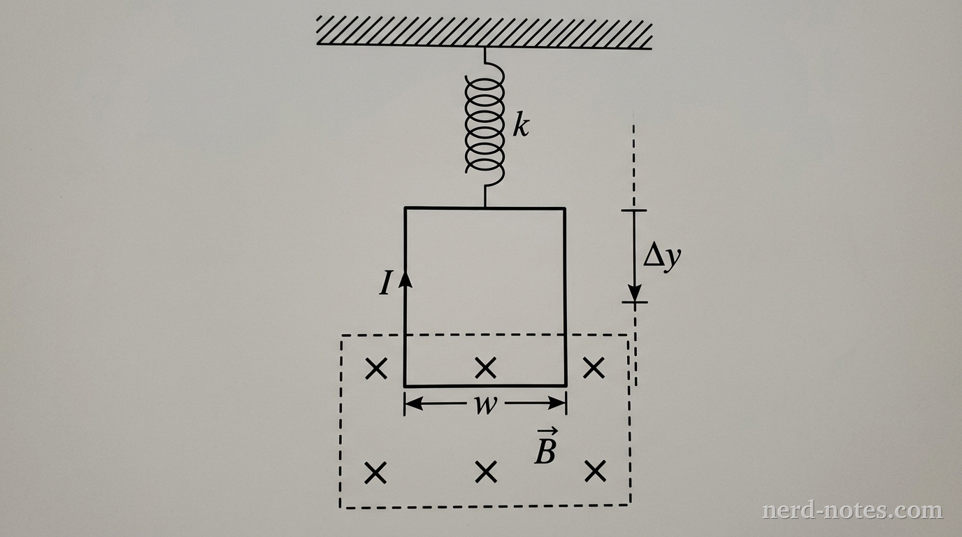 A horizontal ceiling support is shown at the top. Suspended vertically from the center of the ceiling is a helical spring with label k. Attached to the bottom end of the spring is a rigid, vertical rectangular coil of width w. The coil consists of two vertical parallel sides and two horizontal parallel sides. A small arrow along the wire indicates current I. The upper horizontal segment of the coil hangs in empty space. The lower horizontal segment of width w hangs inside a bounded rectangular region indicated by a dashed outline. Inside this rectangular region, an array of six evenly spaced \times symbols arranged in two horizontal rows of three indicates a uniform magnetic field labeled \vec{B}. A vertical dashed reference line beside the coil shows a downward arrow labeled \Delta y indicating displacement from an initial horizontal tick mark. No other labels, lines, text, or axes appear.