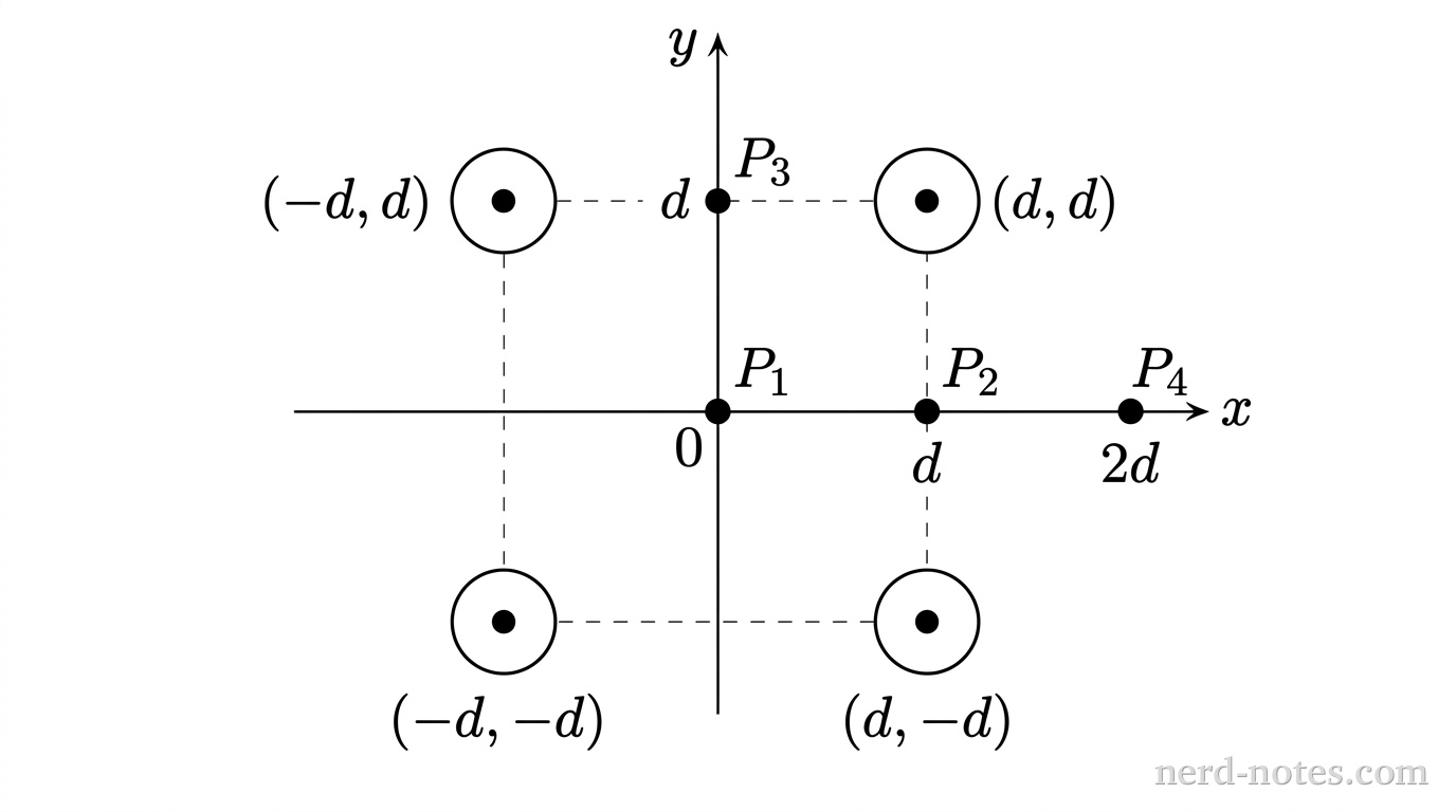 A Cartesian coordinate plane with horizontal x-axis and vertical y-axis intersecting at origin (0,0). Four circles with centered black dots represent identical wires carrying current out of the page, located symmetrically at (d, d), (-d, d), (-d, -d), and (d, -d). Dashed lines connect the four wire positions to outline a square centered at the origin. Four observation points are marked with solid black dots: point P_1 at (0, 0), point P_2 on the positive x-axis at (d, 0), point P_3 on the positive y-axis at (0, d), and point P_4 on the positive x-axis at (2d, 0). Tick marks on the x-axis are labeled d and 2d, and a tick mark on the y-axis is labeled d. No other labels, lines, text, or axes appear.