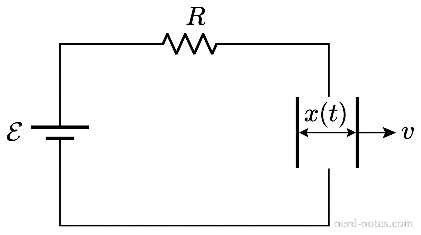 A single-loop rectangular circuit diagram drawn in black and white. On the left vertical branch is a DC voltage source labeled \(\mathcal{E}\), with the longer horizontal bar on top indicating the positive terminal and the shorter bar on the bottom indicating the negative terminal. The top horizontal wire contains a standard zig-zag resistor labeled \(R\). The right vertical branch contains a parallel-plate capacitor consisting of two identical, parallel vertical line segments of equal height. The left plate is fixed in position. The right plate has a single horizontal arrow pointing to the right labeled \(v\), indicating motion away from the left plate. A double-headed horizontal dimension arrow between the two plates is labeled \(x(t)\). Straight conducting wire segments connect the components to form a closed rectangular loop. No other labels, lines, text, or axes appear.