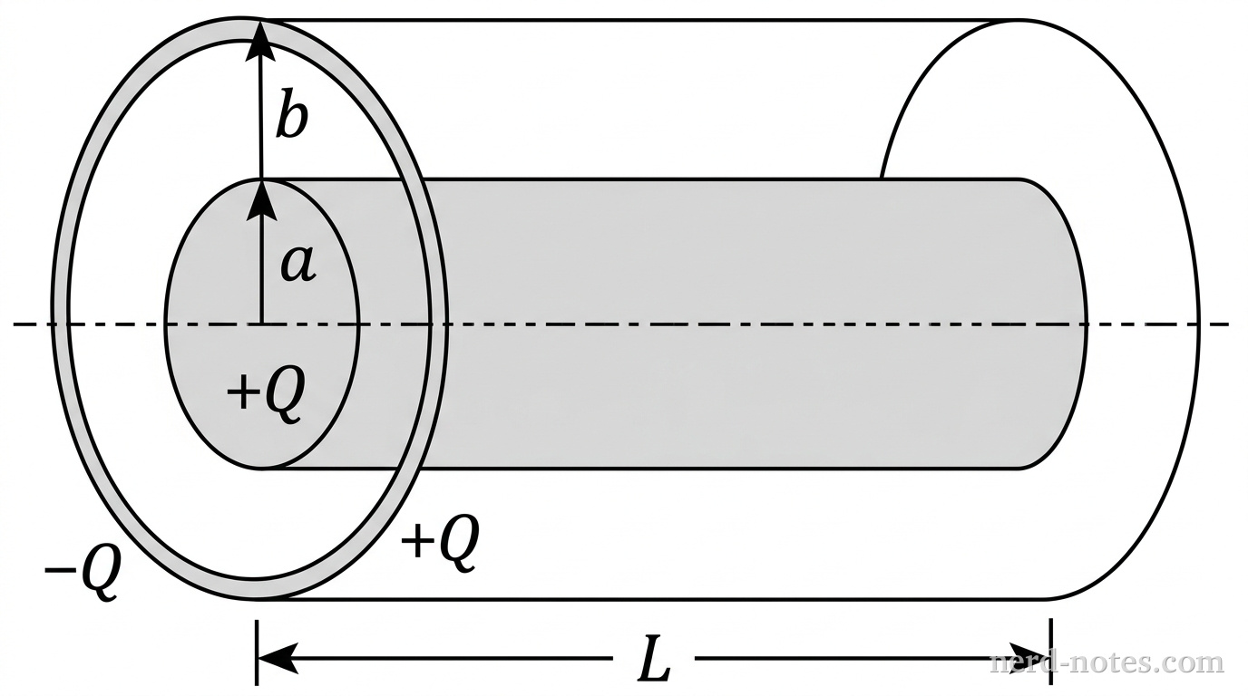 A perspective view of two concentric horizontal cylinders sharing a common horizontal dashed centerline. The inner cylinder is solid with a light gray fill, having a circular left face of radius labeled a, indicated by an arrow from the center to its top edge. The outer cylinder is a hollow thin-walled cylinder of larger radius labeled b, indicated by a vertical arrow from the center to its outer top edge. Both cylinders extend horizontally to the right across the same length, with a horizontal double-headed dimension line below them labeled L. A label +Q is positioned near the inner cylinder, and a label -Q is positioned near the outer cylinder. No other labels, lines, text, or axes appear.