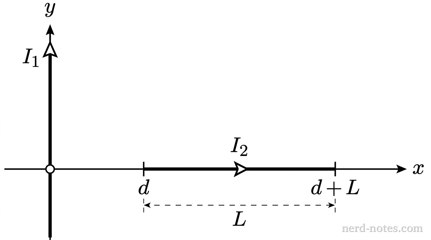 A Cartesian coordinate plane with a vertical axis labeled \(y\) and a horizontal axis labeled \(x\), intersecting at an origin marked with an open circle. A thick vertical solid line lies along the vertical axis, with an upward-pointing arrowhead at its top labeled \(I_1\). A thick horizontal line segment lies along the positive horizontal axis, starting at a tick mark labeled \(d\) and ending at a tick mark labeled \(d+L\). A rightward-pointing arrowhead is drawn at the midpoint of this horizontal segment, labeled \(I_2\). A dashed dimension line below the horizontal axis extends from the tick mark \(d\) to the tick mark \(d+L\), labeled \(L\). No other labels, lines, text, or axes appear.