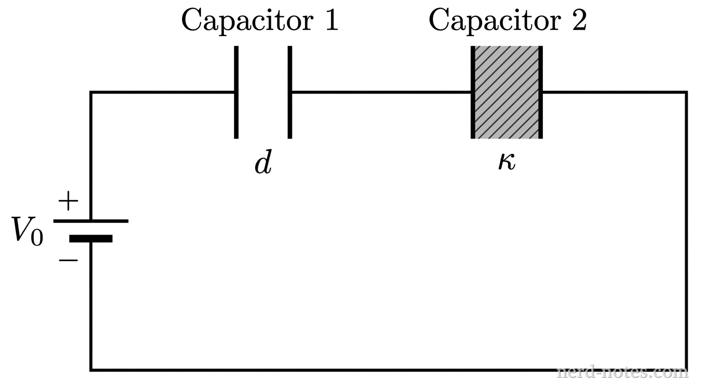A circuit schematic drawn in thin solid lines showing a single rectangular loop. On the left vertical segment is an ideal DC battery symbol consisting of two parallel horizontal lines, the longer line on top labeled + and the shorter thicker line on bottom labeled -, with the battery labeled \(V_0\). On the top horizontal wire segment are two capacitors connected in series, spaced horizontally apart. The left capacitor, labeled Capacitor 1, consists of two identical vertical parallel plates separated by an empty white gap labeled \(d\). The right capacitor, labeled Capacitor 2, consists of two identical vertical parallel plates of the same size, with the region between them completely filled with medium-gray diagonal hatching and labeled \(\kappa\). Solid conducting wires connect the battery and the two capacitors to form a closed rectangular loop. No other labels, lines, text, or symbols appear.