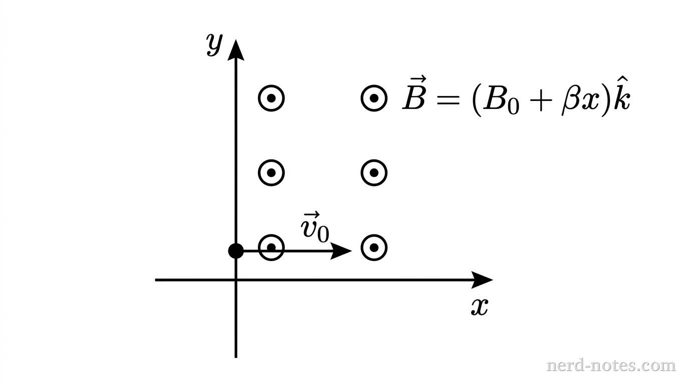 A Cartesian coordinate plane with horizontal axis labeled x and vertical axis labeled y, intersecting at the origin (0,0). At the origin, a small filled circle represents the electron, from which a single horizontal arrow labeled \(\vec{v}_0\) points directly to the right along the positive x-axis. In the region x > 0, an array of exactly six circled dots is arranged in two vertical columns of three, indicating a magnetic field directed out of the page. A text label near the upper right reads \(\vec{B} = (B_0 + \beta x)\hat{k}\). No other labels, lines, text, or axes appear.