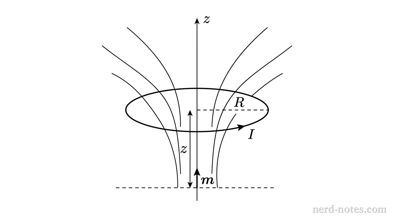 A vertical coordinate axis labeled z extends upward through the center of the diagram. At the origin on the z-axis, a short vertical arrow pointing in the positive z-direction is labeled m. A horizontal dashed line indicates the plane at the origin. Located at a distance z above the origin along the vertical axis is a horizontal ellipse representing a circular ring of radius R. A dashed line segment extends horizontally from the center of the ellipse to its right edge, labeled R. An arrow along the front curved edge of the ellipse points to the right to indicate a counterclockwise current labeled I. A vertical double-headed dimension arrow extends along the axis between the origin and the center of the ring, labeled z. Exactly four smooth curved lines representing magnetic field lines emerge from the origin, curving symmetrically outward and upward to pass through and around the ring. No other labels, lines, text, or axes appear.