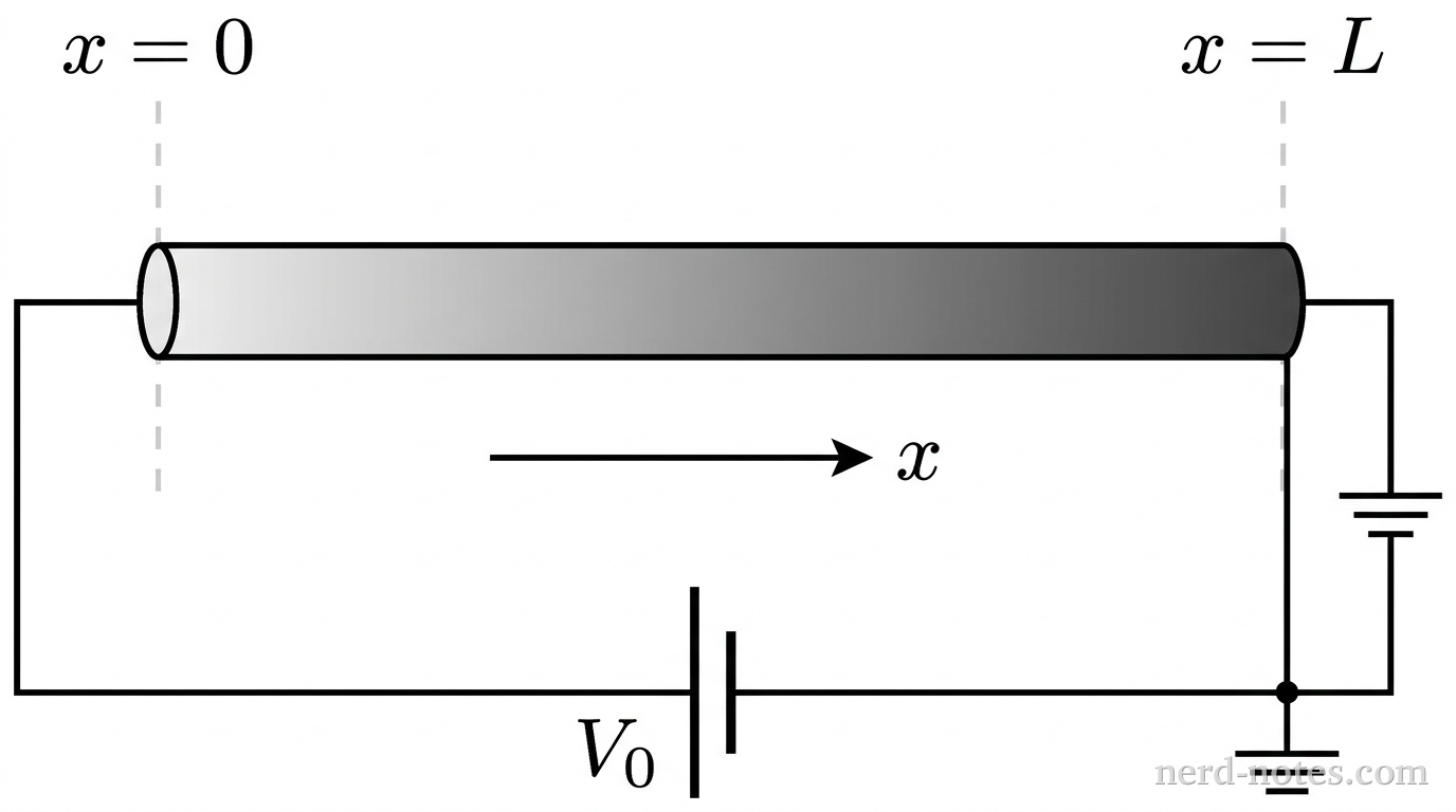 A horizontal cylindrical rod of uniform thickness lies along the horizontal axis, extending from a vertical dashed reference line labeled \(x = 0\) on the left to a vertical dashed reference line labeled \(x = L\) on the right. A shading gradient fills the rod, being light gray at \(x = 0\) and darkening continuously toward dark gray at \(x = L\). An ideal battery labeled \(V_0\) is shown below the rod. A solid wire connects the longer, positive plate of the battery to the left end of the rod at \(x = 0\). A second solid wire connects the shorter, negative plate of the battery to the right end of the rod at \(x = L\), where a three-line ground symbol is attached. A horizontal coordinate arrow below the rod points to the right and is labeled \(x\). No other labels, lines, text, or axes appear.