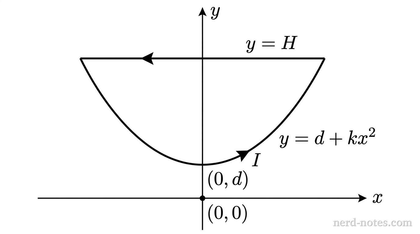 A Cartesian coordinate plane with horizontal axis labeled x and vertical axis labeled y, intersecting at the origin labeled (0,0). A closed planar loop lies entirely in the upper half-plane. The bottom boundary of the loop is an upward-opening parabolic curve labeled y = d + kx^2, with its vertex on the y-axis at (0,d). The top boundary of the loop is a horizontal straight line segment at height H, labeled y = H. The parabola and horizontal line intersect at two points, one at negative x and one at positive x. Two counterclockwise current arrows are shown on the perimeter of the loop: one arrow on the horizontal segment pointing to the left, and one arrow on the parabolic segment near its vertex pointing to the right, labeled I. A small dot marks the origin (0,0). No other labels, lines, text, or axes appear.