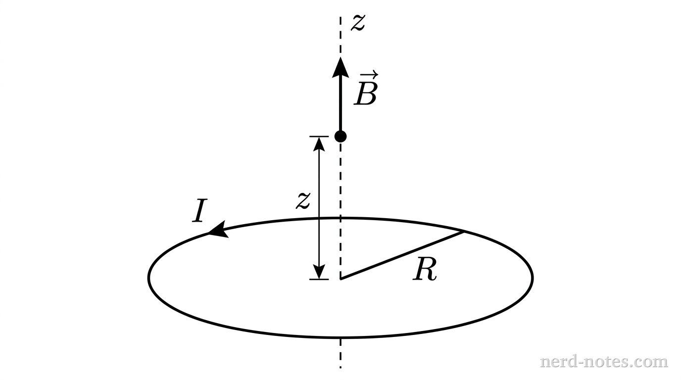 A flat circular wire loop is drawn as an ellipse in perspective, positioned horizontally in the lower half of the frame. A curved arrow on the loop indicates counterclockwise current labeled I when viewed from above. A straight line segment extends from the center of the loop toward the upper-right edge of the loop, labeled R. A vertical dashed line passes through the geometric center of the loop, extending upward to represent the central axis, labeled z at the top. A distinct dot marks an axial point on this vertical line above the center; a double-headed vertical dimension line between the loop center and the dot is labeled z. A solid straight arrow begins at the dot and points straight upward along the dashed vertical line, labeled \vec{B}. No other labels, lines, text, or axes appear.