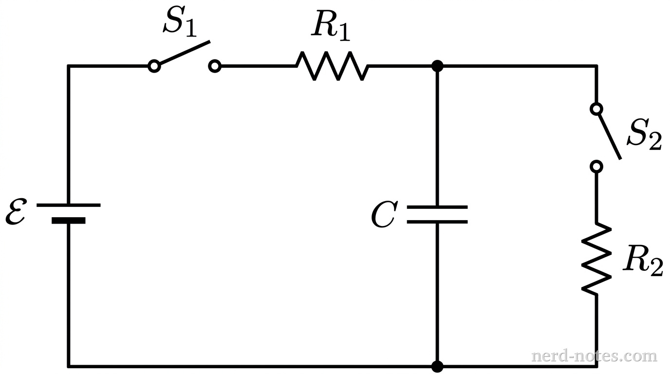 A rectangular circuit schematic oriented horizontally. On the left vertical wire is a DC voltage source labeled \(\mathcal{E}\), with the longer horizontal line on top and shorter thicker line on bottom. The top horizontal wire runs to the right, containing an open switch labeled \(S_1\) followed by a resistor labeled \(R_1\). To the right of resistor \(R_1\), the wire splits at a junction into two parallel vertical branches that connect to a bottom horizontal return wire. The first vertical branch contains an uncharged parallel-plate capacitor labeled \(C\). The second vertical branch, positioned to the right of the first, contains an open switch labeled \(S_2\) in series with a resistor labeled \(R_2\). The bottom horizontal wire connects the bottoms of both vertical branches straight back to the negative terminal of the voltage source. No other labels, lines, text, or axes appear.