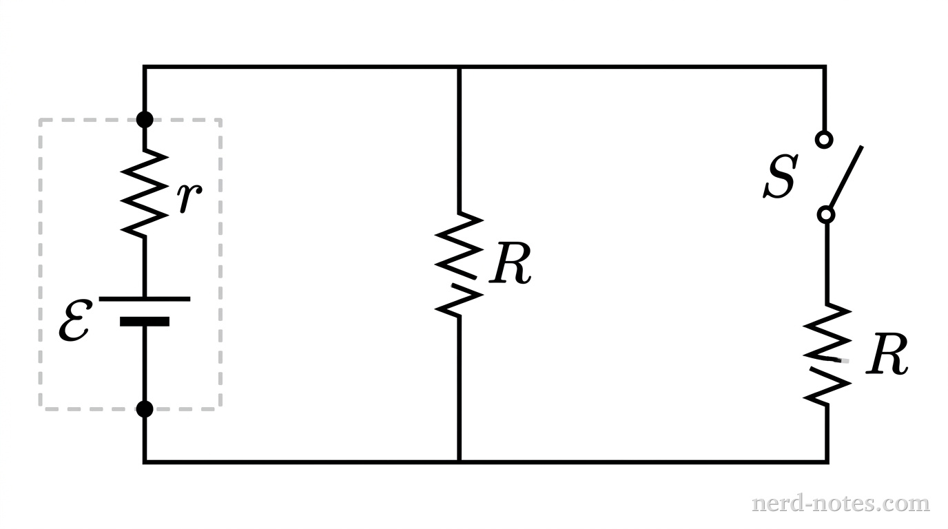 A rectangular circuit diagram oriented horizontally. On the left vertical branch is a non-ideal battery shown enclosed by a dashed rectangular box; inside the box is a DC voltage source labeled \(\mathcal{E}\) in series with a small resistor labeled \(r\). Two terminal dots lie on the wires just outside the dashed box. From the top and bottom of the battery branch, horizontal wires extend to the right. A first vertical branch connects the horizontal wires and contains a resistor labeled \(R\). Further to the right, a second vertical branch connects the horizontal wires and contains an open single-pole switch labeled \(S\) in series with an identical resistor labeled \(R\). No other labels, lines, text, or components appear.