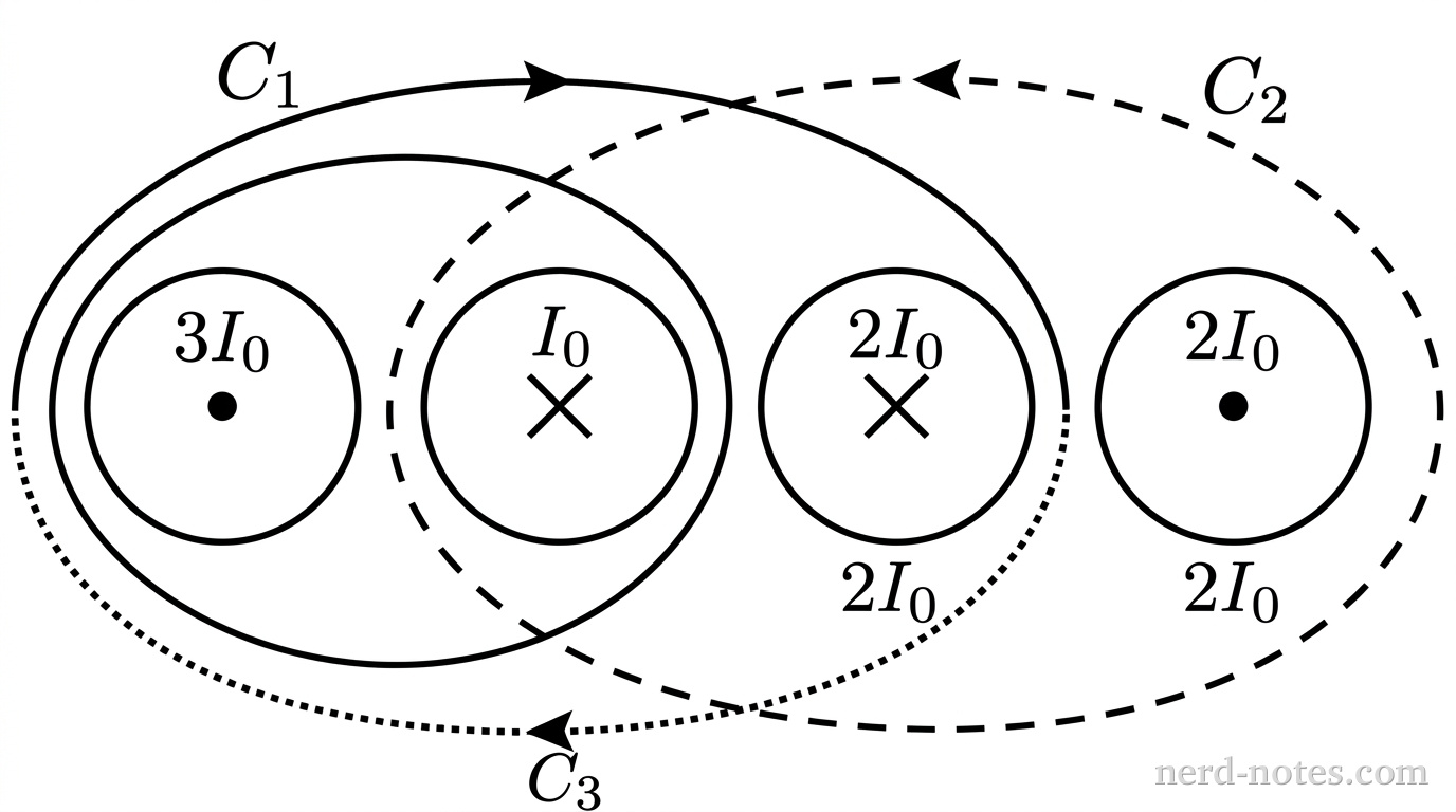 A top-down view shows four circular wire cross-sections arranged horizontally in a plane. From left to right: the first circle contains a central black dot and is labeled \(3I_0\); the second circle contains an interior cross and is labeled \(I_0\); the third circle contains an interior cross and is labeled \(2I_0\); the fourth circle contains a central black dot and is labeled \(2I_0\). Three distinct closed loops surround subsets of these wires. A solid oval loop labeled \(C_1\) encloses the first and second circles, with a single counterclockwise arrowhead on its top boundary. A dashed oval loop labeled \(C_2\) encloses the second, third, and fourth circles, with a single counterclockwise arrowhead on its top boundary. A dotted oval loop labeled \(C_3\) encloses the first, second, and third circles, with a single counterclockwise arrowhead on its bottom boundary. No other labels, lines, text, or axes appear.