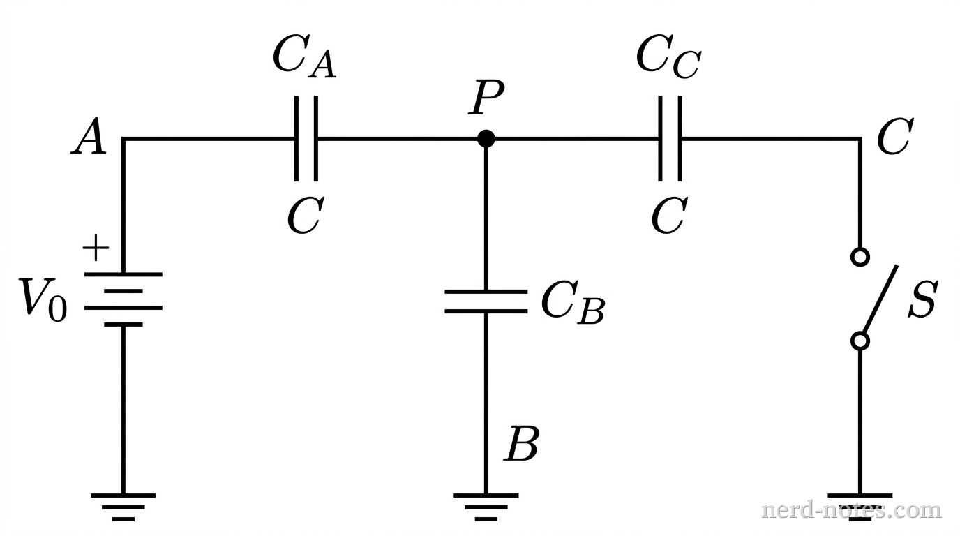 A circuit schematic shows three identical capacitors labeled \(C_A\), \(C_B\), and \(C_C\), each of capacitance \(C\), connected to a central junction node labeled \(P\). From node \(P\), a horizontal branch extends to the left through capacitor \(C_A\) to terminal \(A\), which connects to the positive terminal of a battery labeled \(V_0\); the negative terminal connects to ground. A vertical branch extends straight downward from node \(P\) through capacitor \(C_B\) to terminal \(B\), which connects directly to a ground symbol. A horizontal branch extends to the right from node \(P\) through capacitor \(C_C\) to terminal \(C\). Terminal \(C\) connects to an open single-pole switch labeled \(S\), whose opposite contact leads downward to a ground symbol. No other labels, lines, text, or components appear.