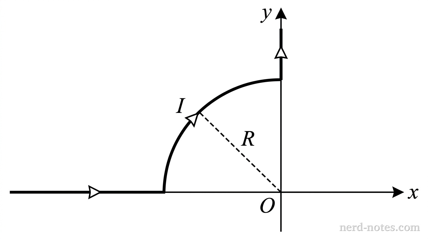 A Cartesian coordinate plane with horizontal axis labeled x and vertical axis labeled y, intersecting at origin O. A thick solid line represents a wire carrying current I. The wire begins on the negative x-axis with an open end at the far left, extends along the horizontal axis to point (-R, 0), curves smoothly upward as a quarter-circle arc of radius R centered at O through the second quadrant to point (0, R) on the positive y-axis, and continues vertically upward along the positive y-axis with an open end at the top. Three small arrowheads along the wire indicate current direction: one pointing rightward along the negative x-axis, one pointing along the curved arc toward the positive y-axis, and one pointing upward along the positive y-axis. A label I is positioned adjacent to the wire. A radial dashed line segment connects origin O to the curved arc, labeled R. No other labels, lines, text, or axes appear.