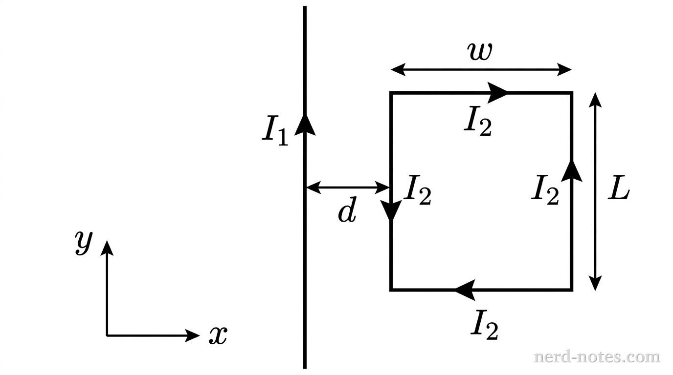 A vertical line representing a long straight wire runs along the vertical axis, with an upward-pointing arrow on the wire labeled \(I_1\). To the right of the wire lies a planar rectangular loop of width \(w\) and height \(L\). The left vertical side of the loop is parallel to the wire and located at a horizontal distance \(d\) from it, indicated by a horizontal double-headed arrow labeled \(d\). The width of the loop is indicated by a horizontal double-headed arrow at the top labeled \(w\), and the height of the loop is indicated by a vertical double-headed arrow along the right side labeled \(L\). Four arrows on the perimeter of the loop indicate a counterclockwise current labeled \(I_2\): one pointing downward on the left vertical segment, one pointing rightward on the top horizontal segment, one pointing upward on the right vertical segment, and one pointing leftward on the bottom horizontal segment. A Cartesian coordinate system in the lower-left shows the horizontal \(x\)-axis directed to the right and the vertical \(y\)-axis directed upward. No other labels, lines, text, or axes appear.