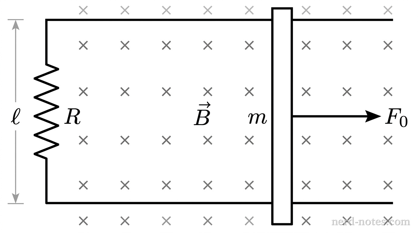 A top-down schematic of two horizontal parallel conducting lines separated by a vertical distance labeled \(\ell\). A vertical zigzag resistor labeled \(R\) connects the left ends of the two horizontal rails. A vertical solid rectangular bar labeled \(m\) rests across the rails to the right of the resistor. A single horizontal arrow originating from the center of the bar points to the right and is labeled \(F_0\). A regular grid of small 'x' symbols across the interior area indicates a uniform magnetic field labeled \(\vec{B}\) directed into the page. No other labels, lines, text, or axes appear.