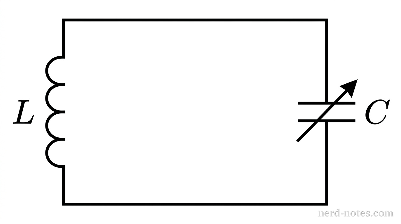 A single rectangular circuit schematic oriented with horizontal top and bottom branches and vertical left and right branches. The left vertical branch contains an inductor drawn as four adjacent semicircular loops, labeled L to its left. The right vertical branch contains a variable capacitor drawn as two parallel horizontal line segments separated by a small gap, with a single diagonal arrow passing through the center of the plates pointing toward the upper-right, labeled C to its right. The top and bottom branches are straight solid conducting wires connecting the inductor and capacitor to form a single closed loop. No other labels, lines, text, or axes appear.