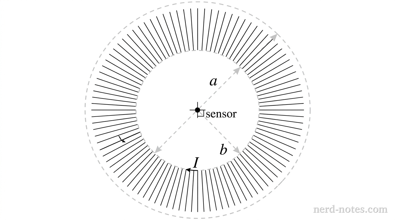 A top-down view of a toroidal coil centered at the origin. Two concentric dashed circles represent the inner boundary of radius \(a\) and the outer boundary of radius \(b\). In the annular region between the two circles, closely spaced radial line segments represent the tightly wound turns of wire. A solid dot at the geometric center of the inner circle is labeled with a crosshair, marked with a small square labeled sensor at \(r = 0\). A straight radial dashed line extends from the center to the inner circular boundary with an arrow labeled \(a\), and a second straight radial dashed line extends from the center to the outer circular boundary with an arrow labeled \(b\). A curved arrow along one of the turns indicates current \(I\). No other labels, lines, text, or axes appear.