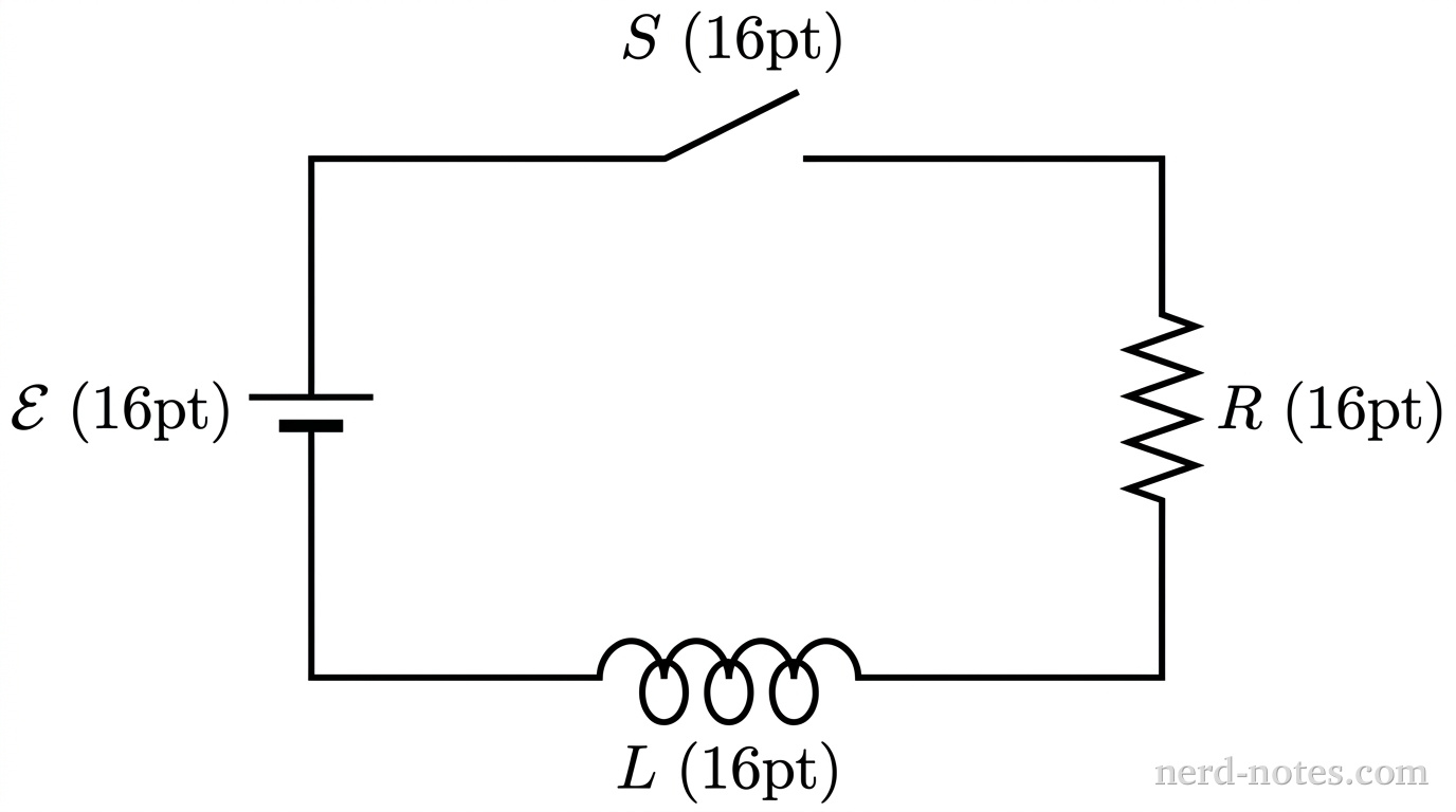 A rectangular single-loop circuit schematic oriented horizontally. On the left vertical branch is a battery symbol labeled \(\mathcal{E}\), with the longer horizontal line on top and the shorter line on the bottom. Along the top horizontal branch is an open single-pole switch labeled \(S\). Along the right vertical branch is a resistor symbol drawn as a zigzag line labeled \(R\). Along the bottom horizontal branch is an inductor symbol drawn as four adjacent semicircular loops labeled \(L\). Connecting wires form straight horizontal and vertical lines completing the rectangular loop. No other labels, lines, text, or components appear.