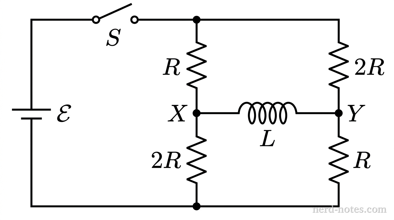 A rectangular circuit schematic in grayscale. On the left vertical wire, an ideal battery is oriented vertically with the long positive plate on top and short negative plate on bottom, labeled \(\mathcal{E}\). An open switch labeled \(S\) is on the top horizontal wire leading from the battery. To the right, the top wire meets a junction that splits into two vertical parallel paths. The left path contains a zig-zag resistor labeled \(R\) above node \(X\), and a zig-zag resistor labeled \(2R\) below node \(X\). The right path contains a zig-zag resistor labeled \(2R\) above node \(Y\), and a zig-zag resistor labeled \(R\) below node \(Y\). A horizontal branch connects node \(X\) and node \(Y\), containing an inductor symbol with four rounded loops labeled \(L\). Both vertical paths recombine at a bottom junction that connects back along the bottom horizontal wire to the negative terminal of the battery. No other labels, lines, text, or axes appear.