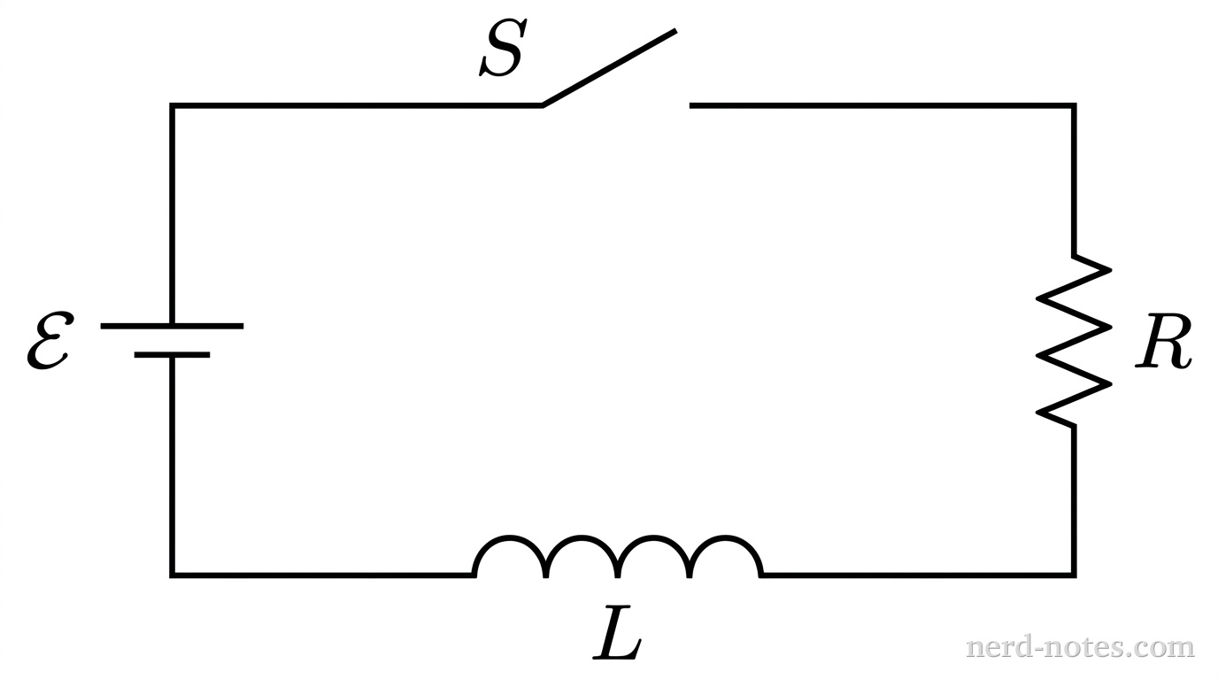 A rectangular circuit schematic oriented horizontally. On the left vertical wire segment is an ideal battery of electromotive force labeled \(\mathcal{E}\), with its longer positive plate on top and shorter negative plate on bottom. Along the top horizontal wire segment is an open single-pole single-throw switch labeled \(S\), shown tilted upward. Along the right vertical wire segment is a zigzag resistor symbol labeled \(R\). Along the bottom horizontal wire segment is an inductor symbol composed of four adjacent semicircular loops facing upward, labeled \(L\). Straight solid wire segments connect these elements into a single rectangular loop with an open gap at switch \(S\). No other labels, lines, text, or axes appear.